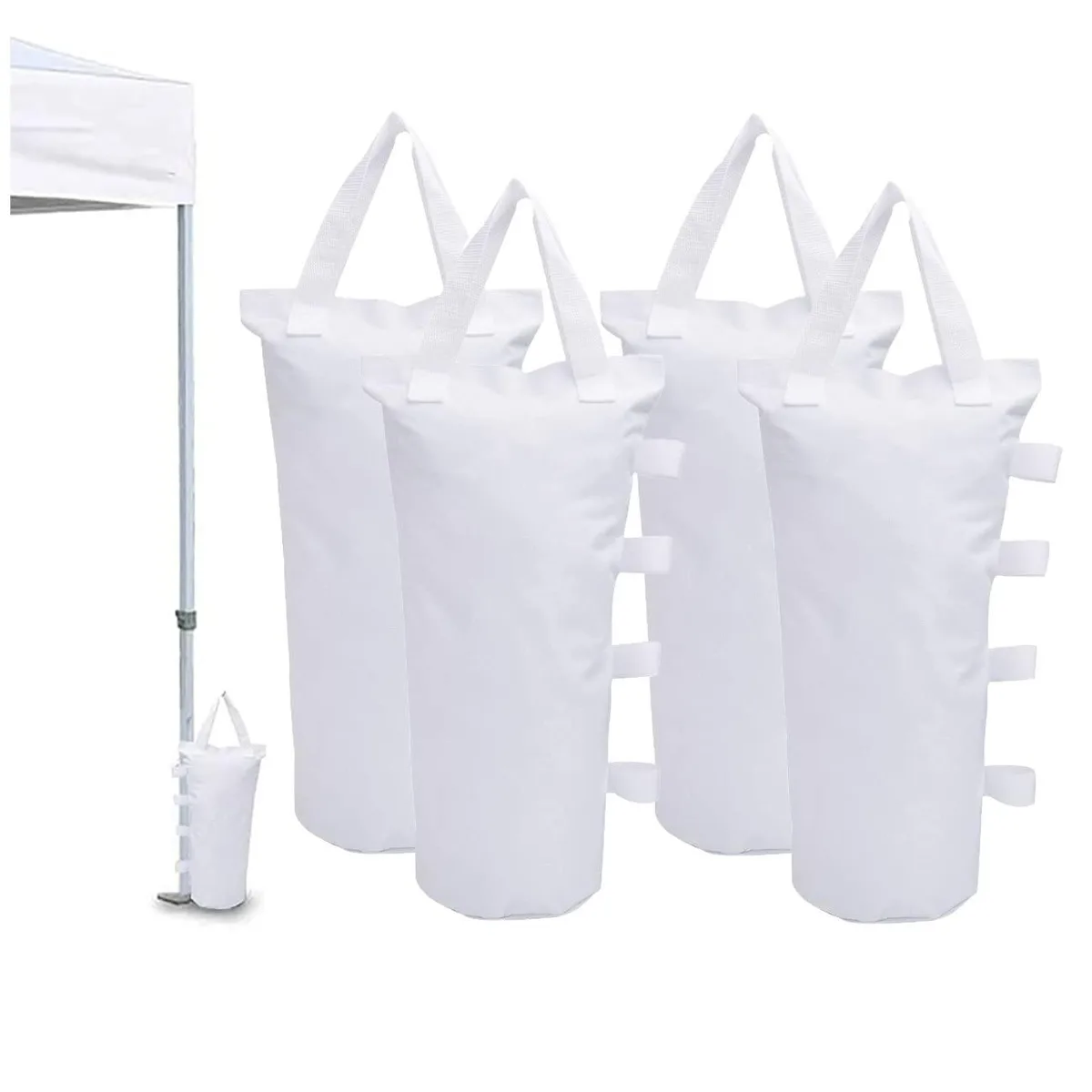 Four white fabric canopy weight bags with Velcro straps and carry handles, shown empty and folded flat