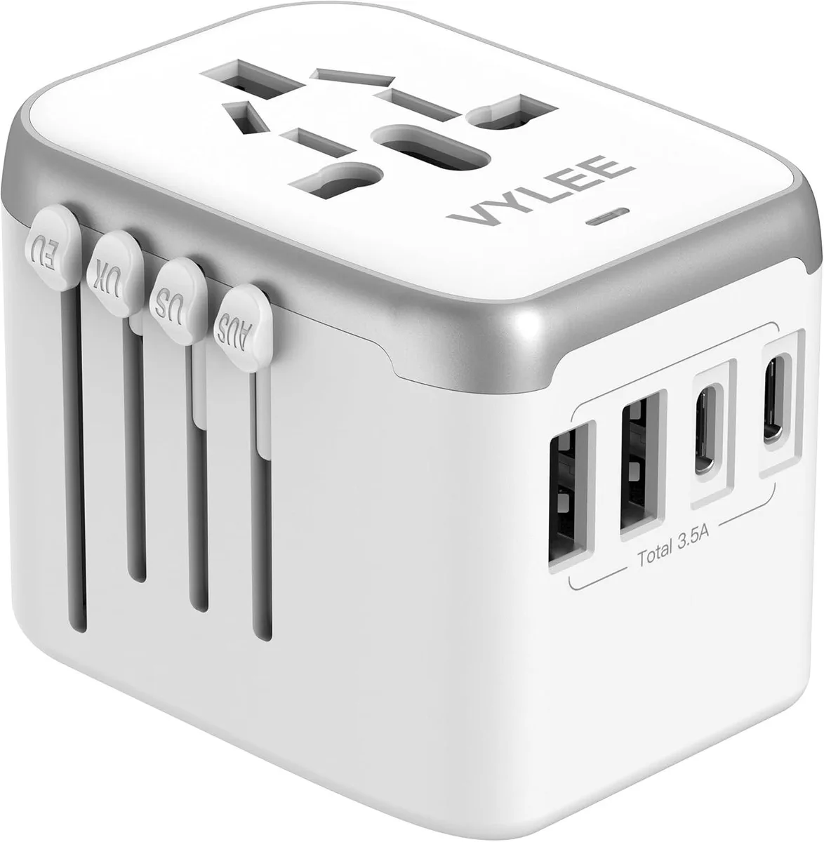 White-grey travel adapter with sliding EU, UK, US and AUS pins, two USB-A and two USB-C ports, one AC outlet