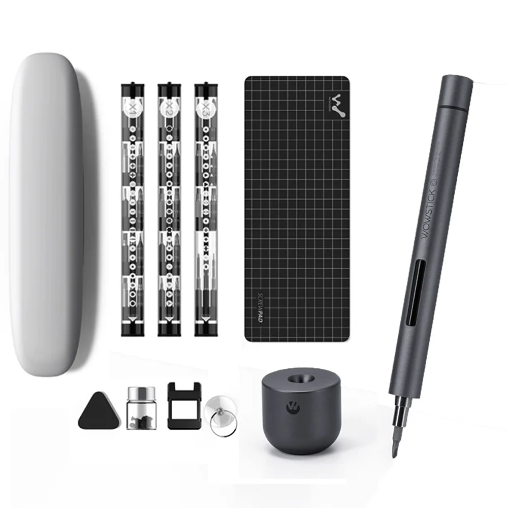Slim black aluminium pen-style electric screwdriver with LED lights, magnetic pad and 56 bits in white box
