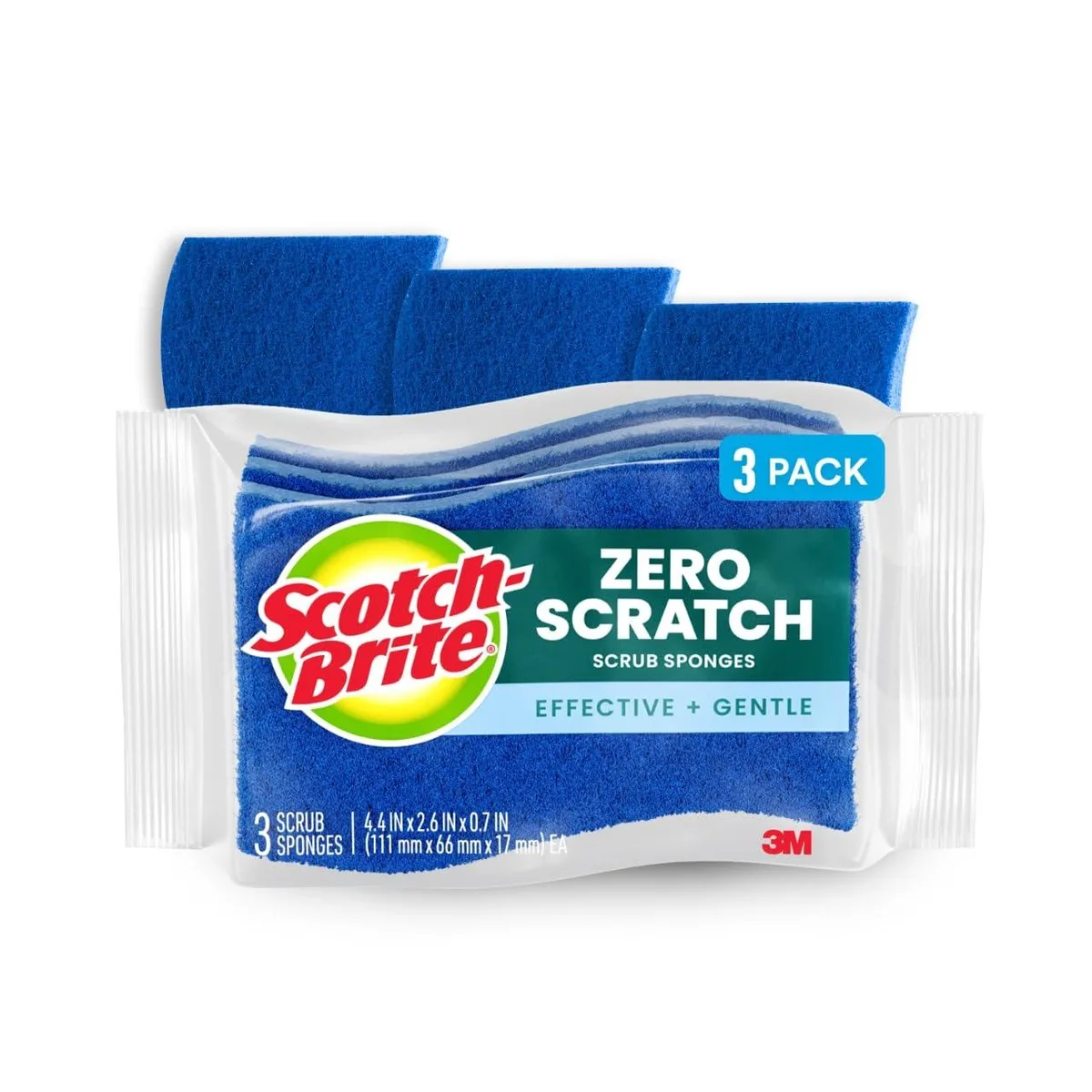 Three white S-wave scrub sponges in a clear pack