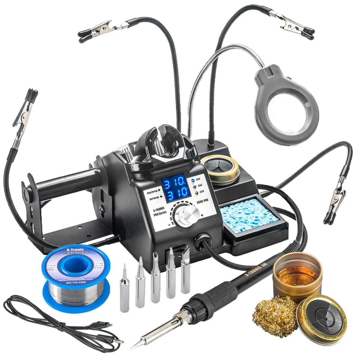 X-Tronic (X-Tronic International, Inc.) X-Tronic XTR-3060-PRO-ST 75 W Soldering Station with Mag Lamp &amp; Helping Hands — product photo