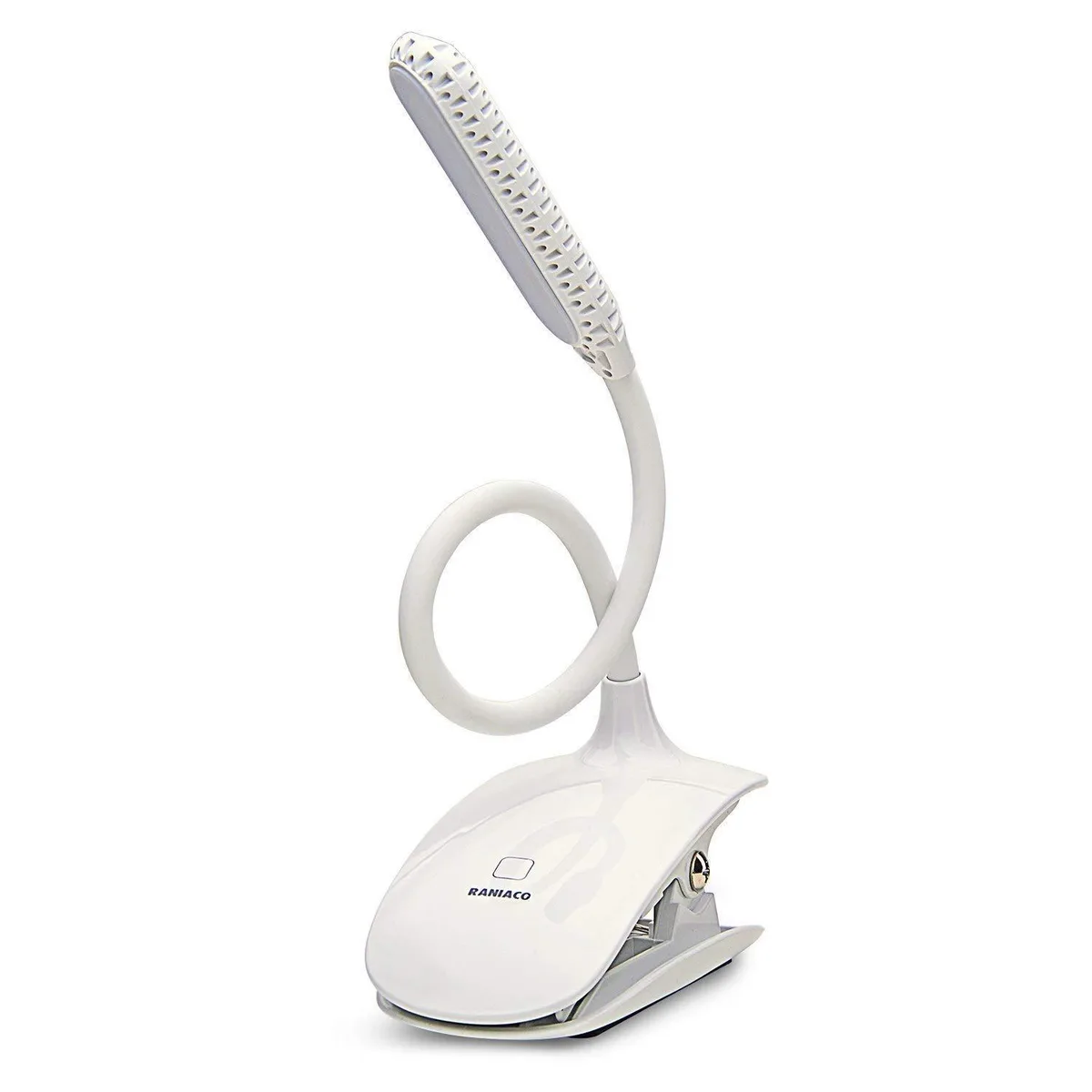 White clip-on book light with 16 LEDs and USB charging
