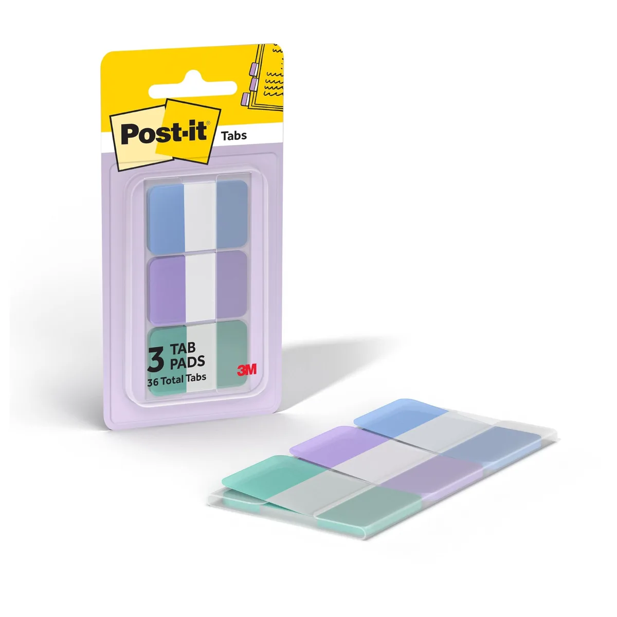 Clear plastic pop-up dispenser holding three pads of rectangular sticky tabs in blue, purple and green pastels