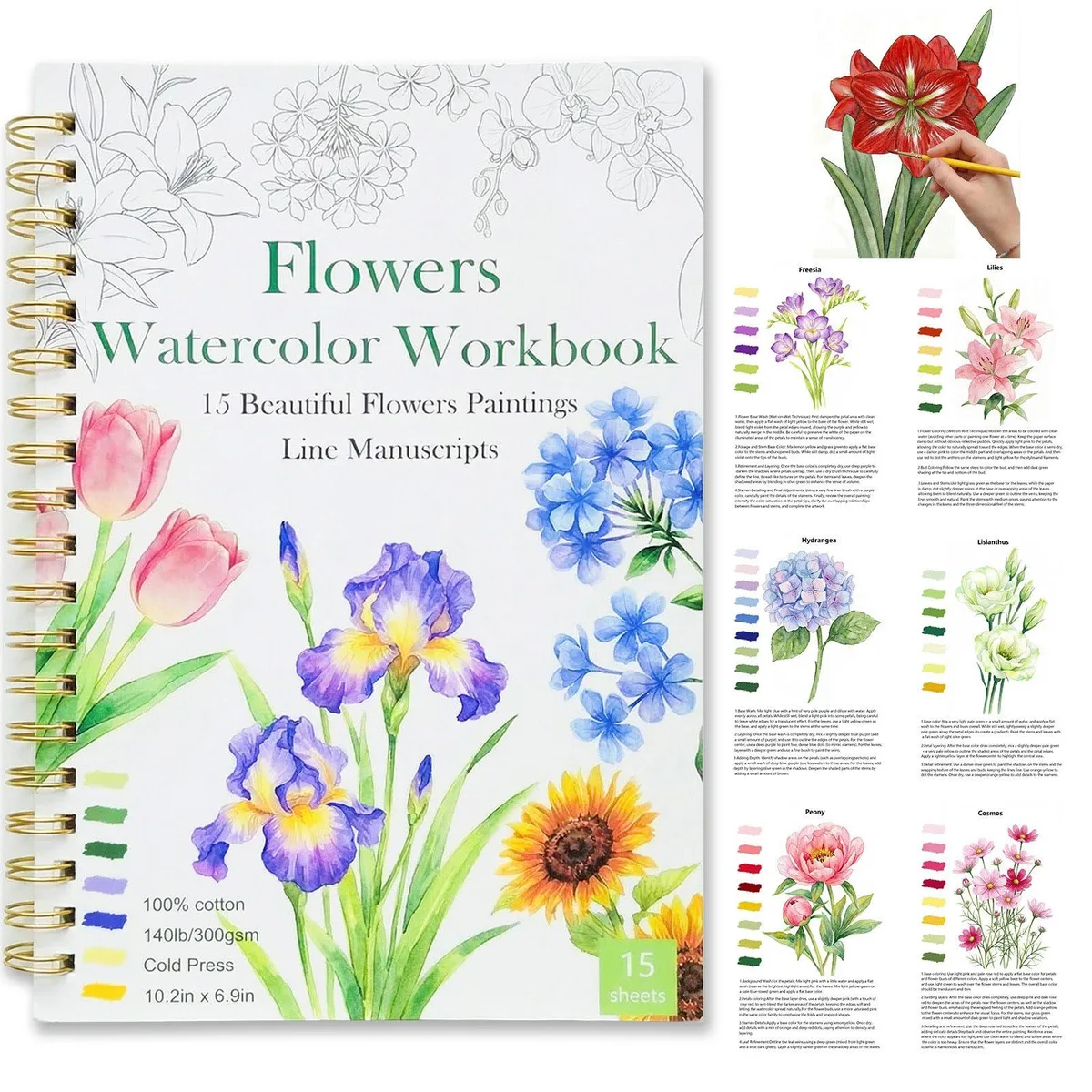 KOROI Watercolor Workbook 15 Floral Designs 140lb Cotton 10.2x6.9in — product photo