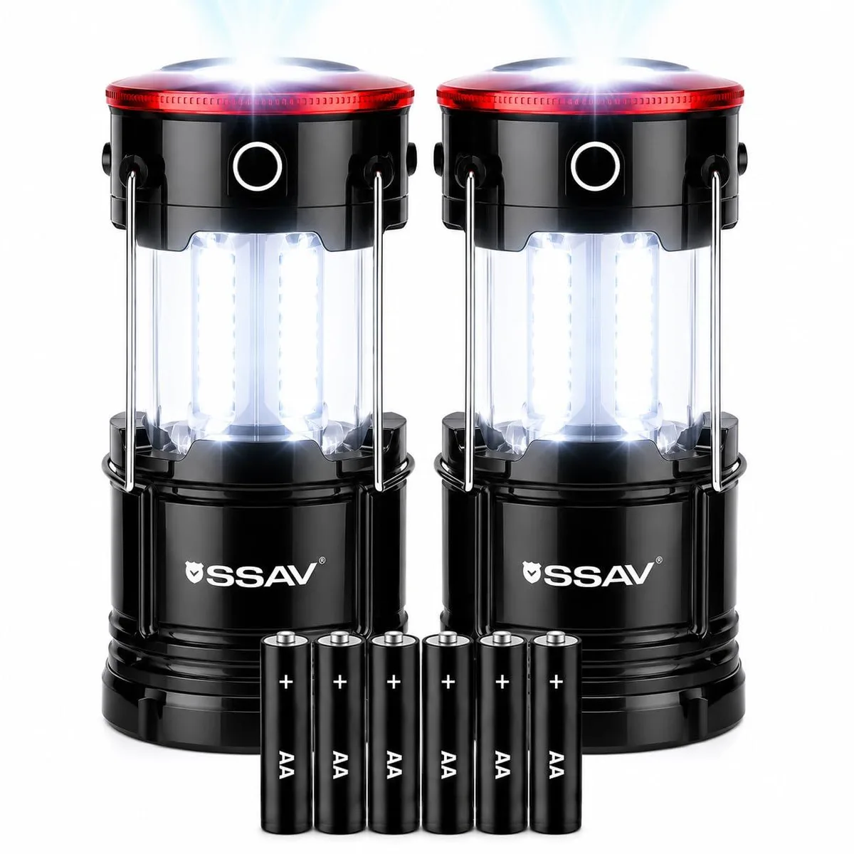 Two compact black and red LED lanterns with collapsible bodies and hook attachments