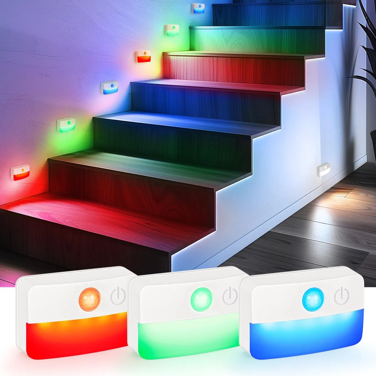 Three small rectangular plastic lights with adhesive backing, battery operated, RGB LED finish