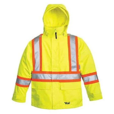 Yellow and green high-visibility rain jacket with detachable hood and fleece liner