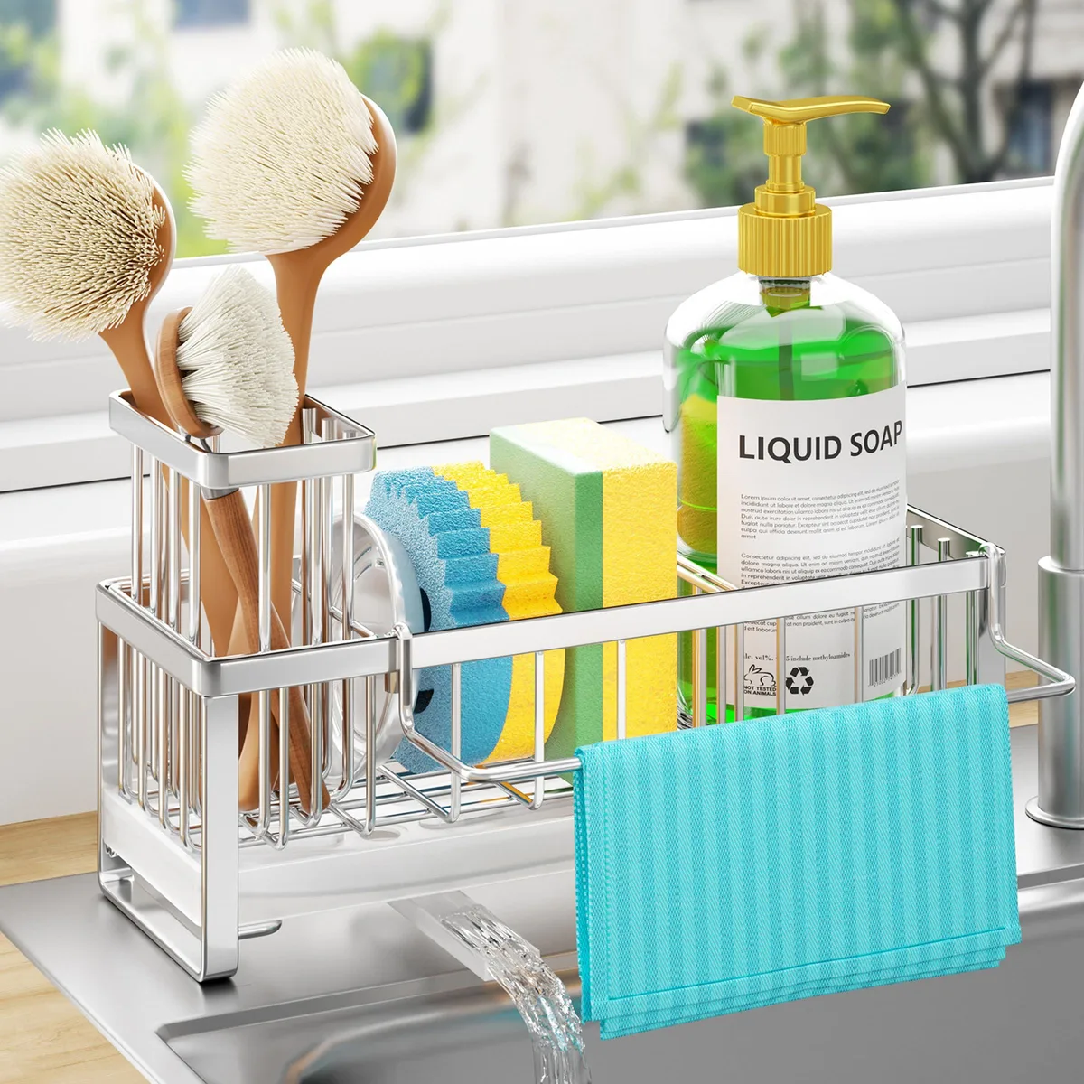 Stainless steel sink caddy with rotating drain, brush and cloth holders