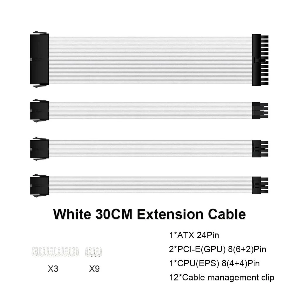 Lemincrash Lemincrash 4 Piece Kit 300mm ATX 24Pin PCI-E 6+2Pin CPU 4+4Pin White computer power extension cord — product photo