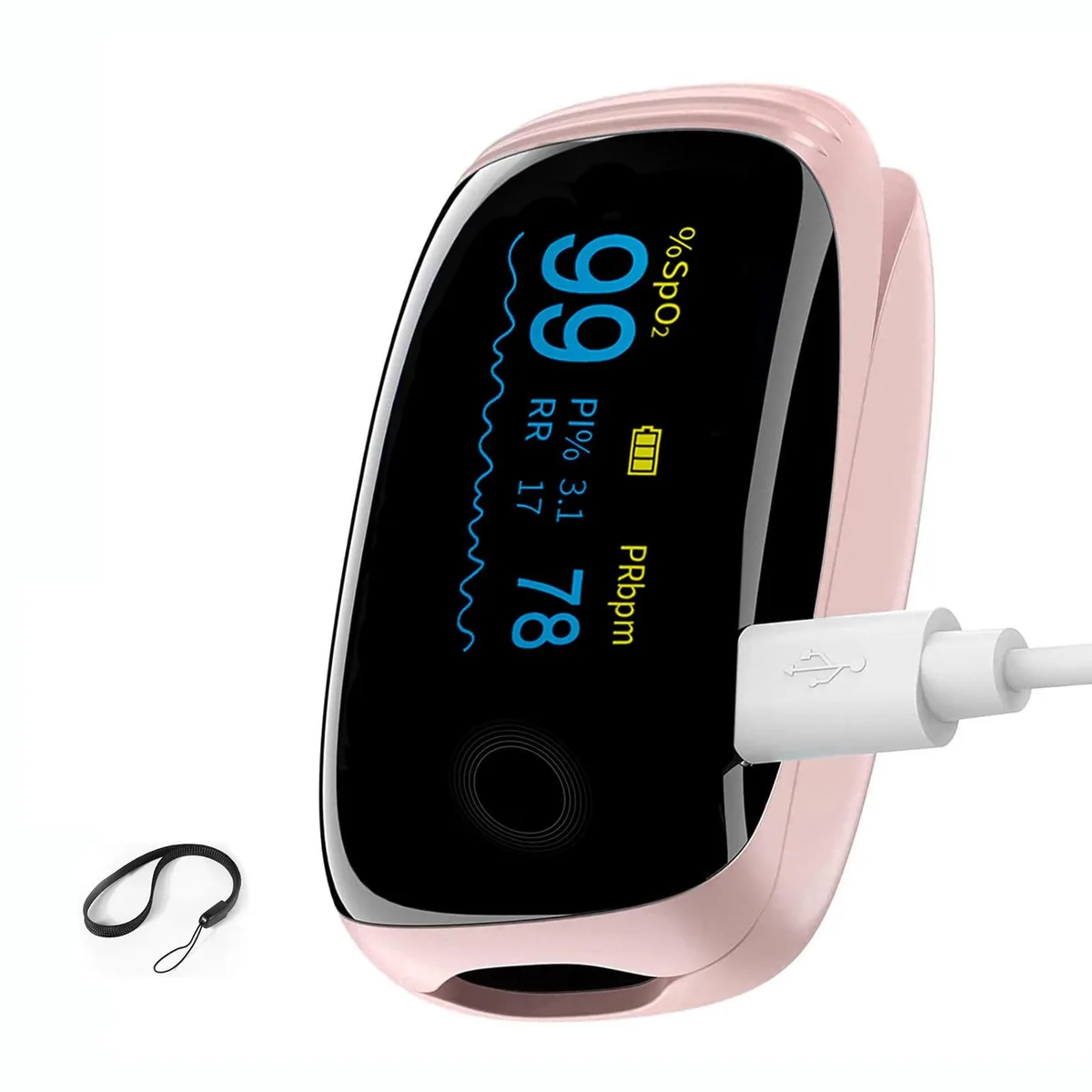 Pink fingertip pulse oximeter with OLED display
