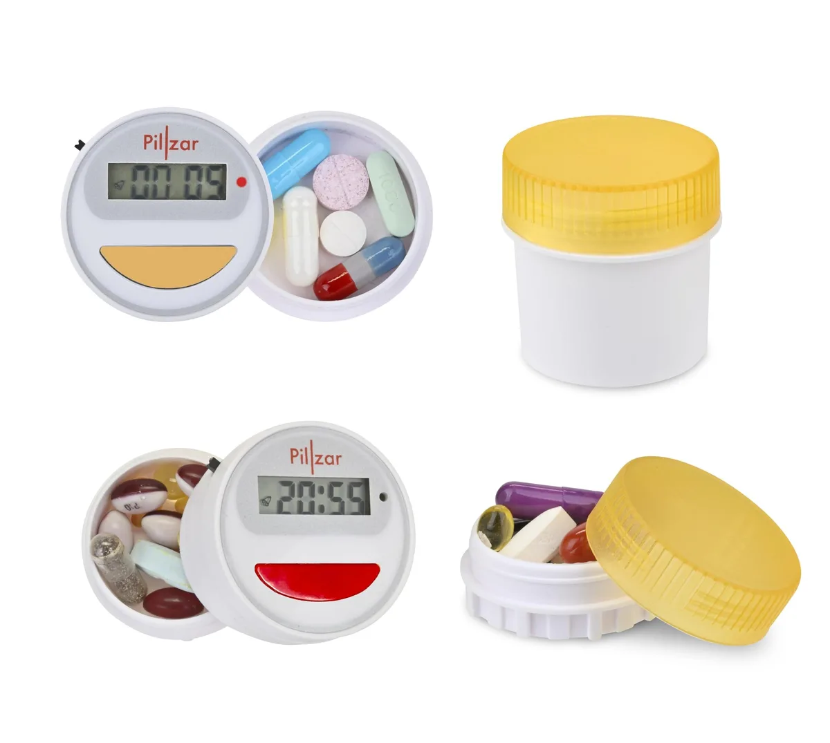 White and gray pill timer with two caps and magnetic base
