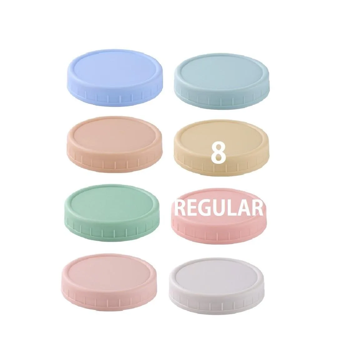 Eight multicolored 70mm plastic mason jar lids with removable silicone rings
