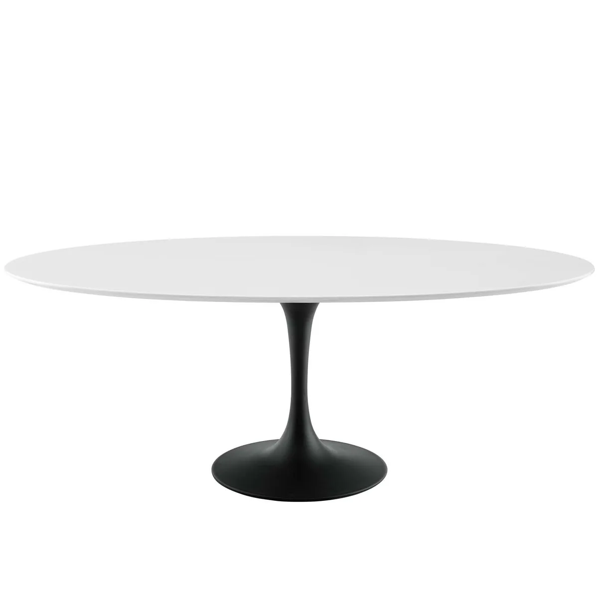 Oval wood dining table with tapered aluminum base, chip-resistant finish