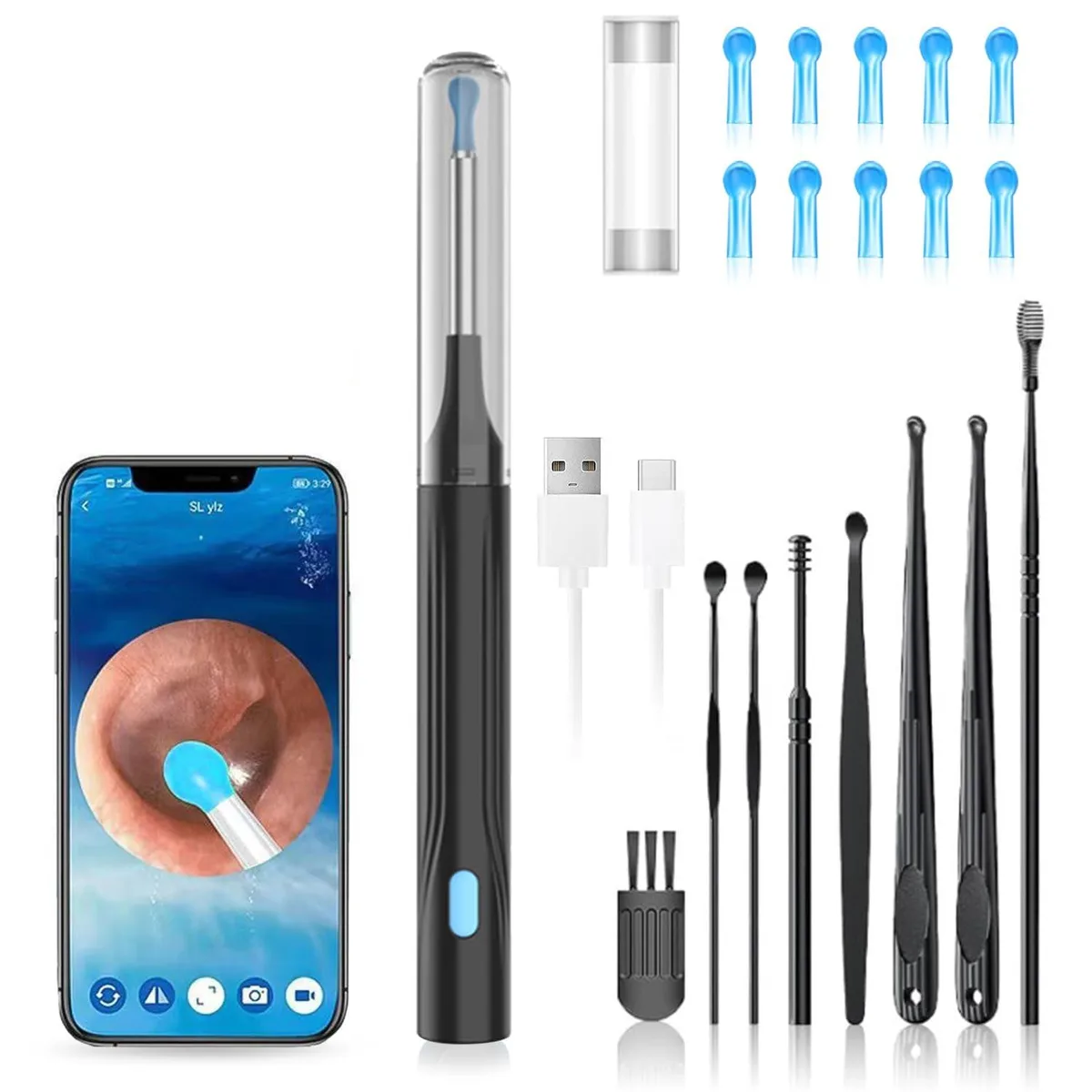Black ear-care kit with camera probe and ten spoons