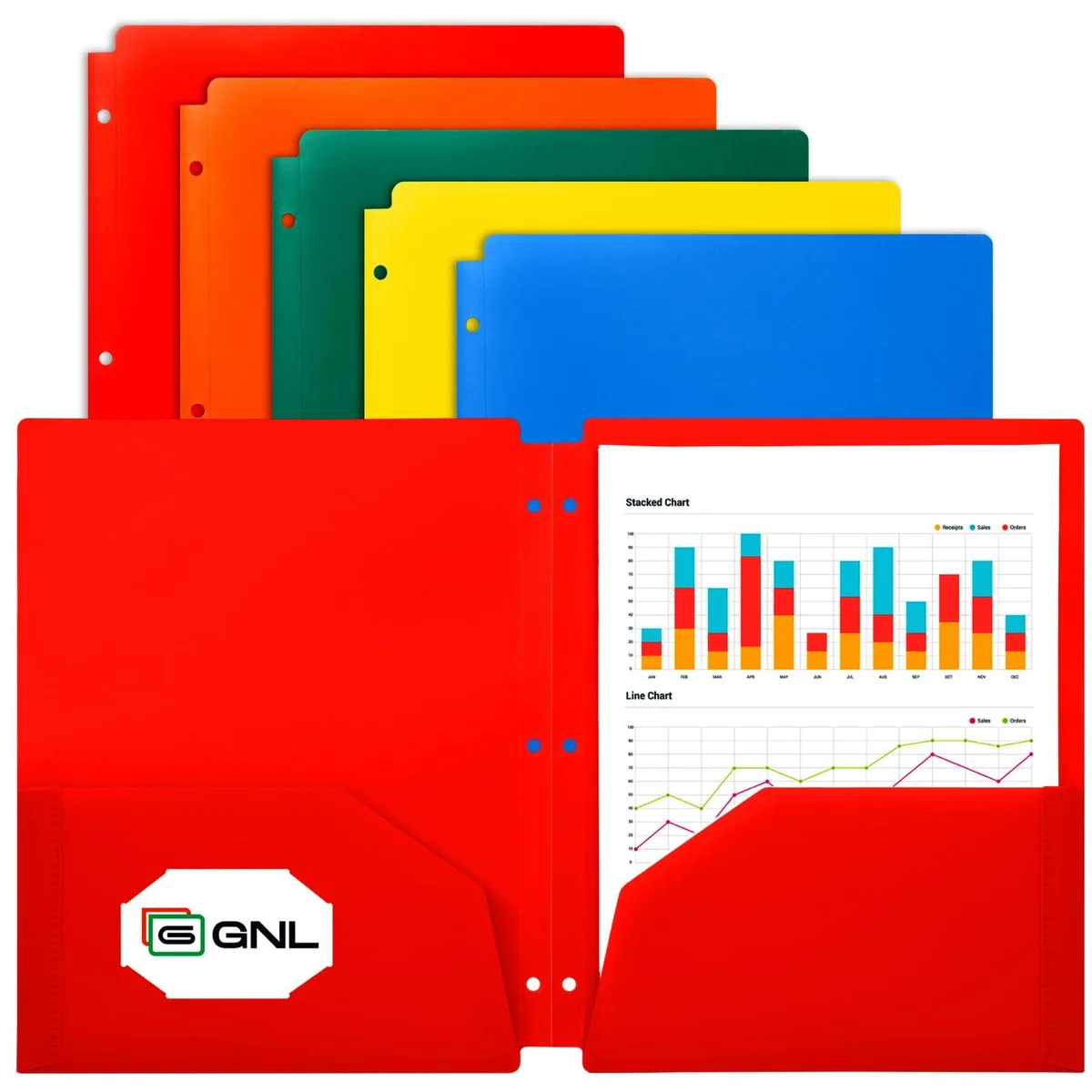 Pack of five coloured plastic two-pocket folders with three-hole punched edges