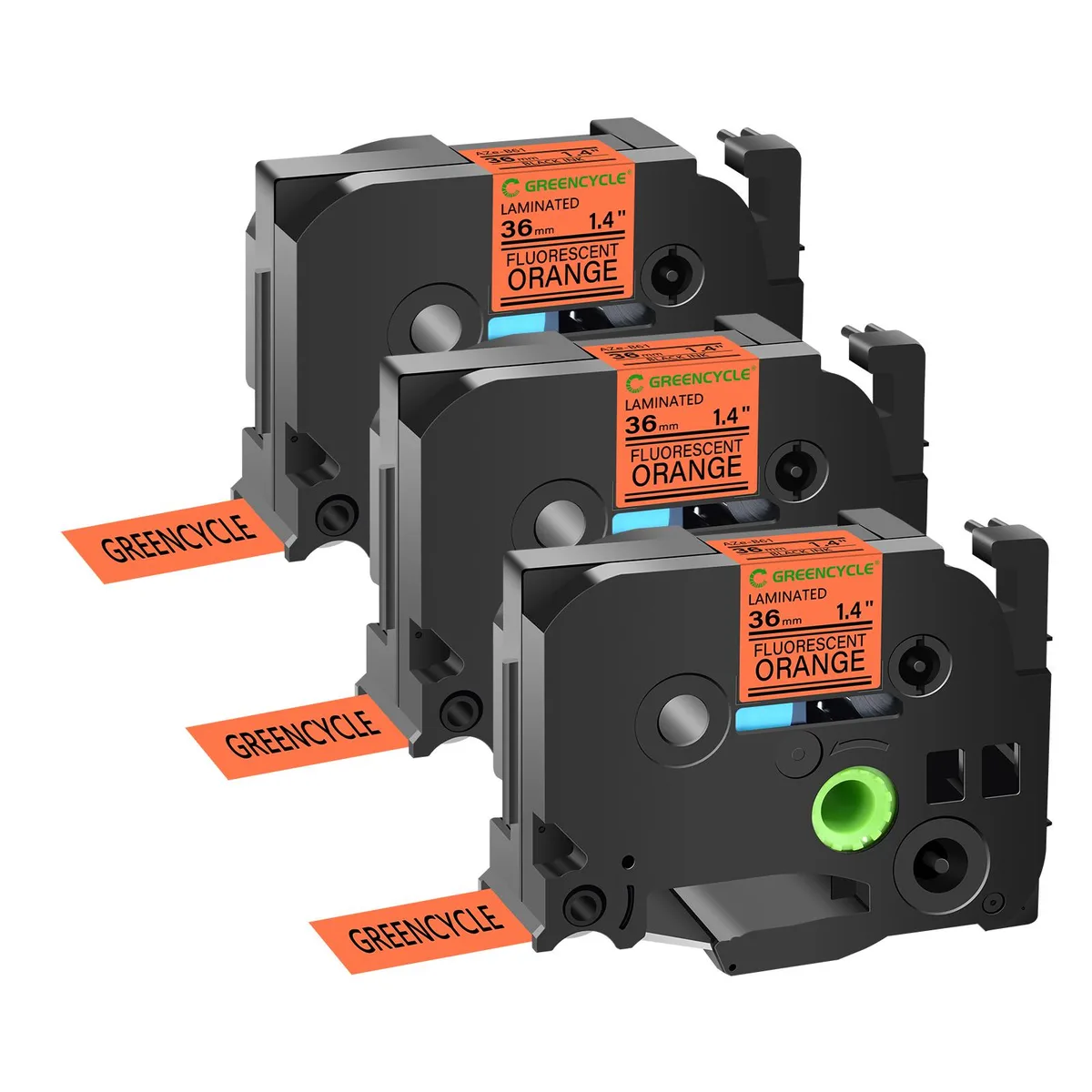 GREENCYCLE GREENCYCLE TZe-B61 36mm 16.4ft Black on Fluorescent Orange label 3 pack — product photo