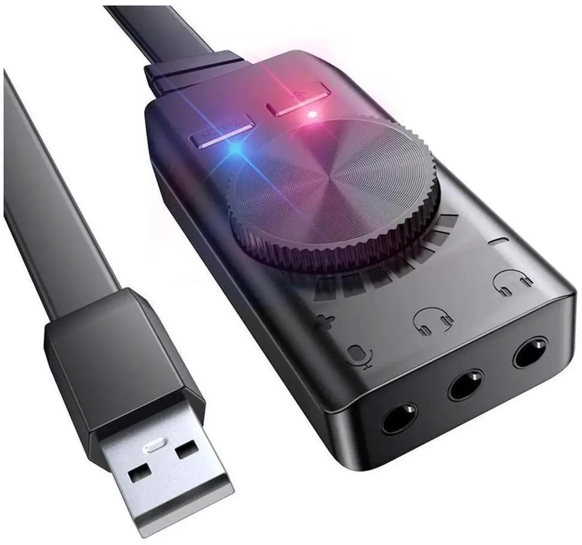 Small black USB dongle with two 3.5mm jacks