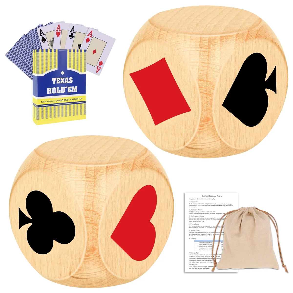 Two 1.57 inch wooden euchre cubes with 360 degree suit markings, cards, storage bag and manual