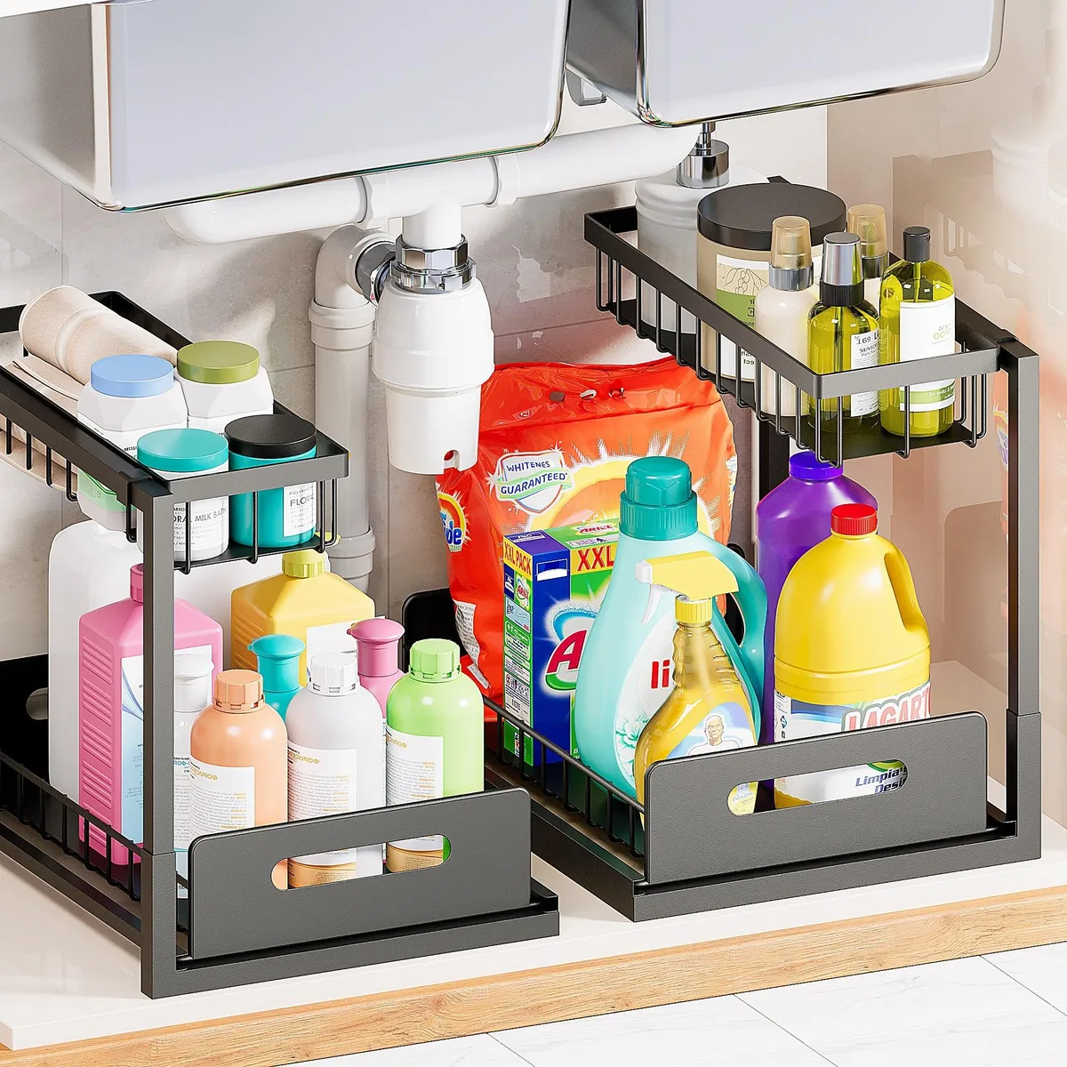 Two black L-shaped sliding shelves with textured finish, ergonomic handles and suction cups