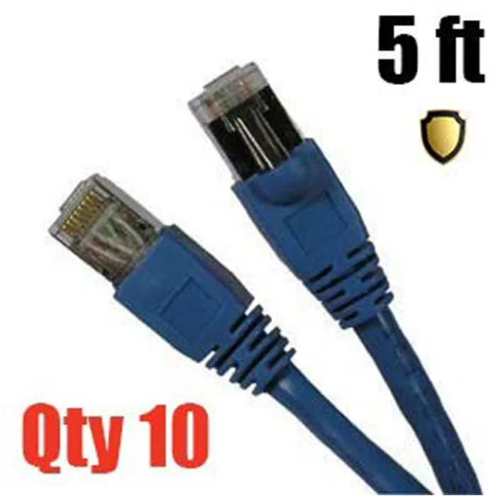 Ten blue shielded Cat6 patch cables with molded boots