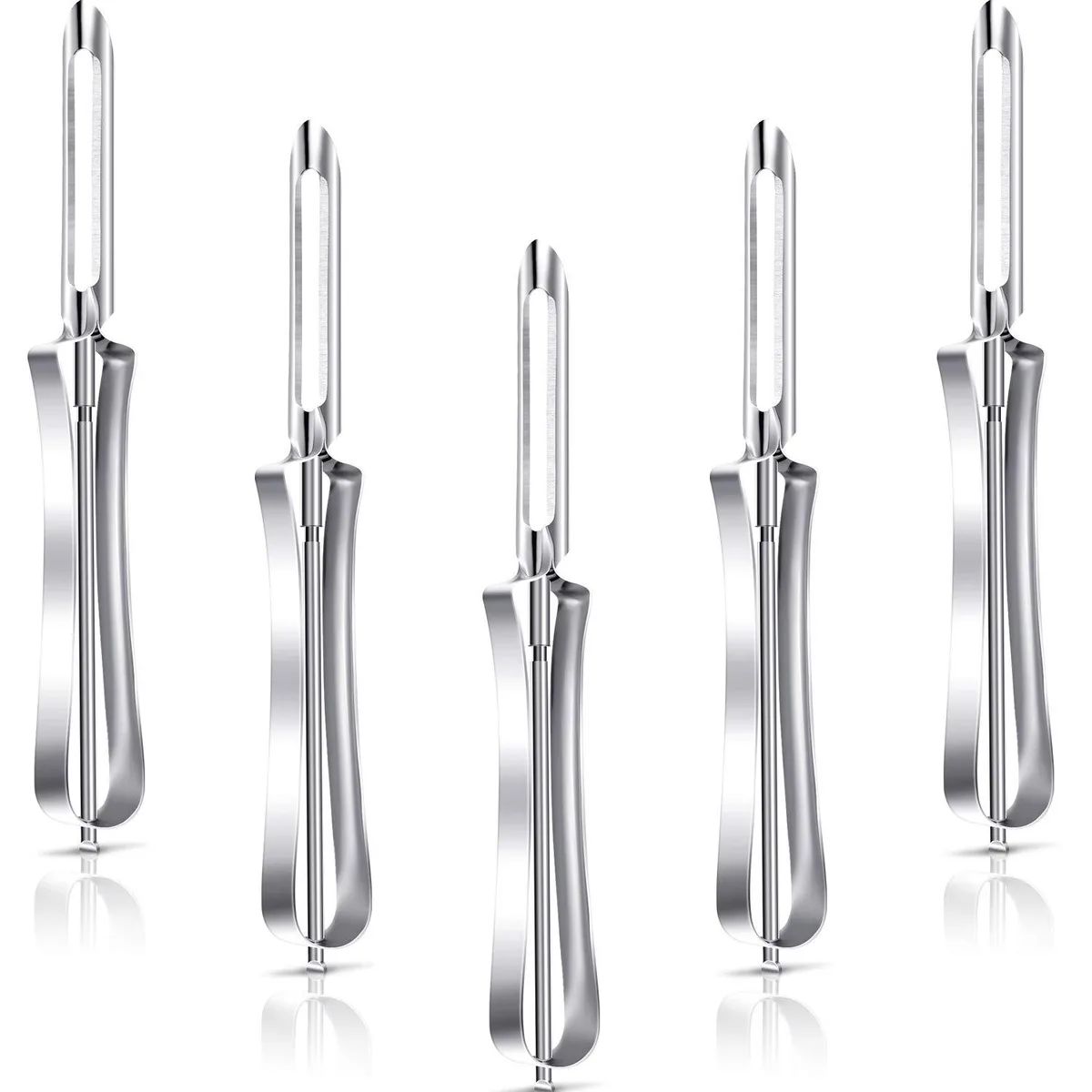 Five silver stainless steel rotary peelers with ergonomic handles