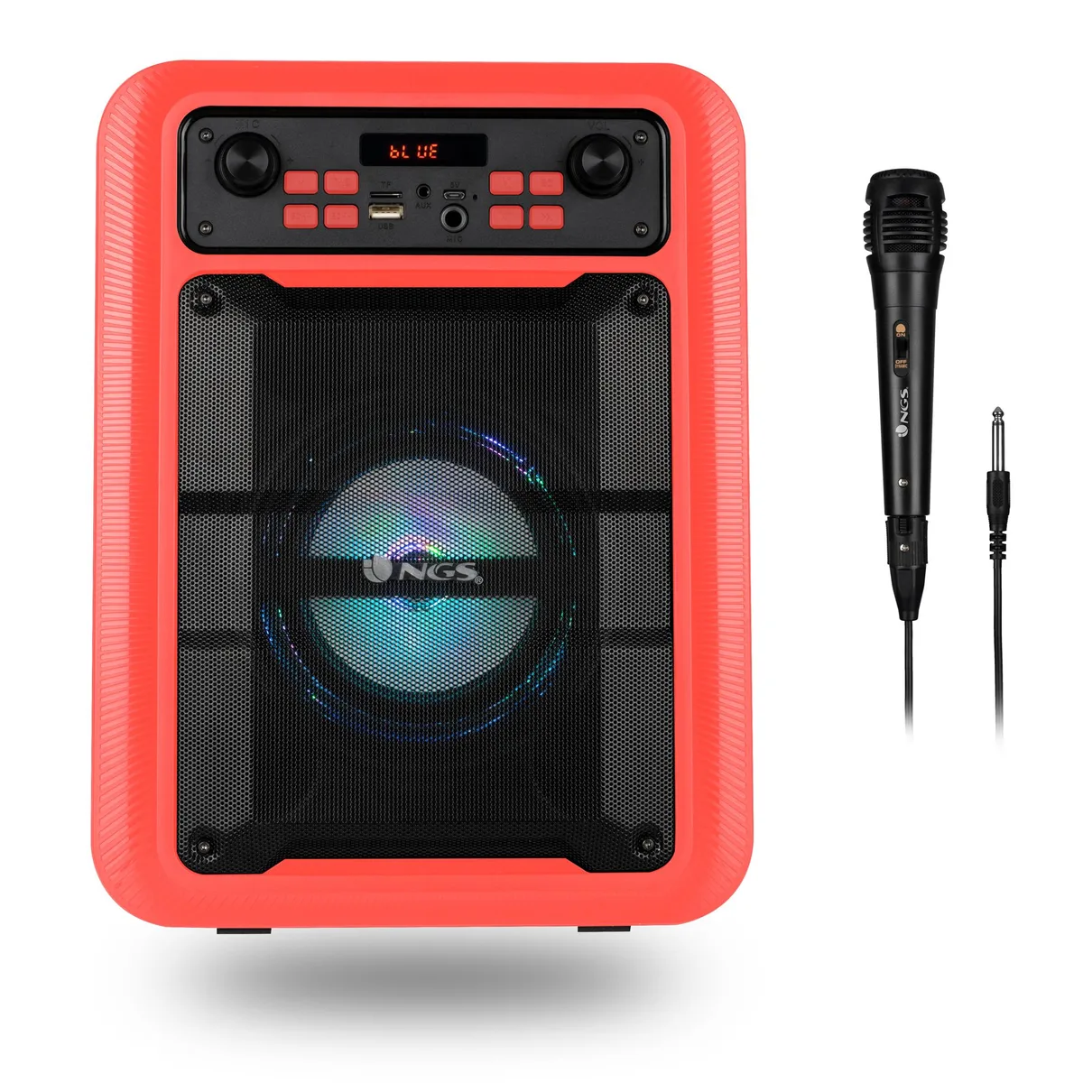 Red rectangular Bluetooth speaker with black accents and wired microphone lying beside it
