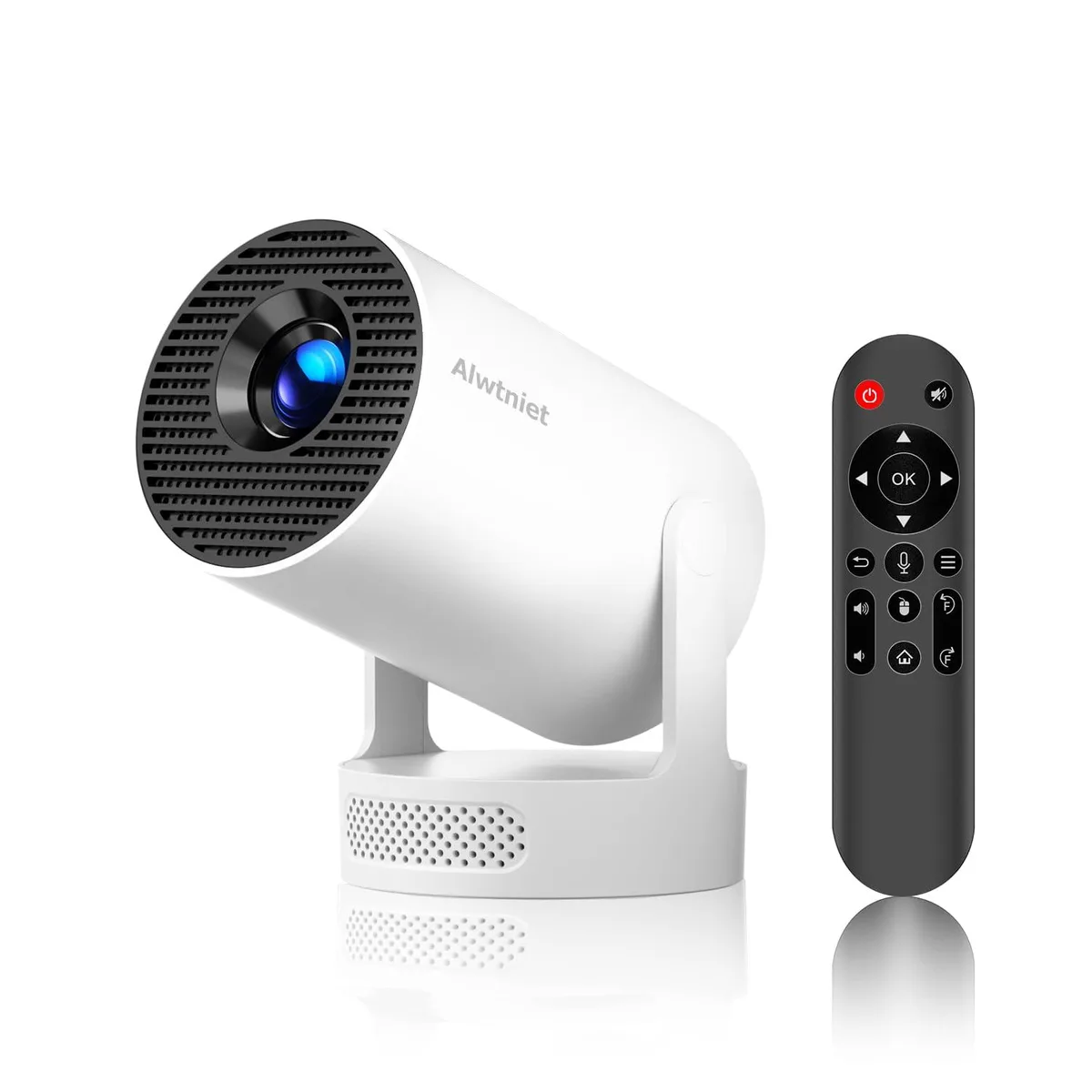 Compact white LCD projector with short-throw lens and 180° rotatable stand
