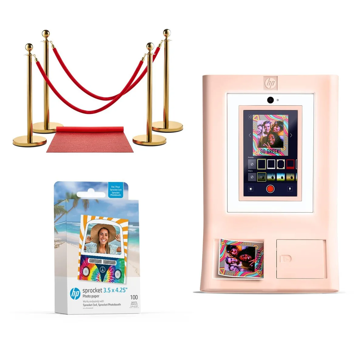 HP HP Sprocket Photo Booth Instant Color Photo Printer Pink Zink Paper 100 Sheets Red Carpet Bundle — product photo