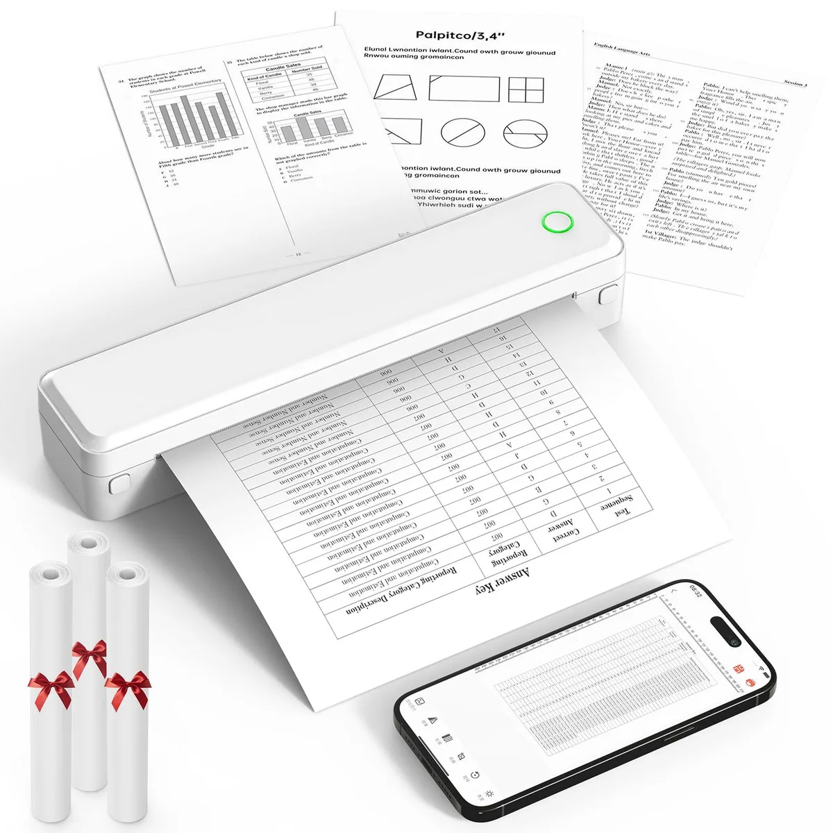 White rectangular thermal printer with rounded edges and a built-in paper compartment