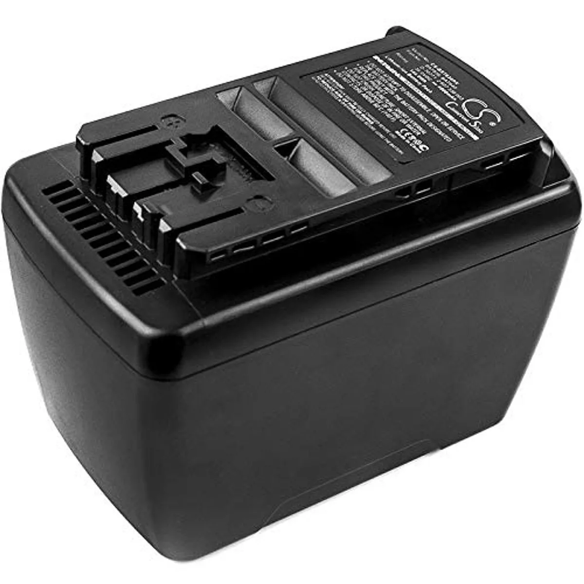 Rectangular black power-tool battery pack with raised contacts and a slide-on rail