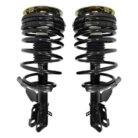 Two silver automotive strut assemblies with coiled springs and top mounts