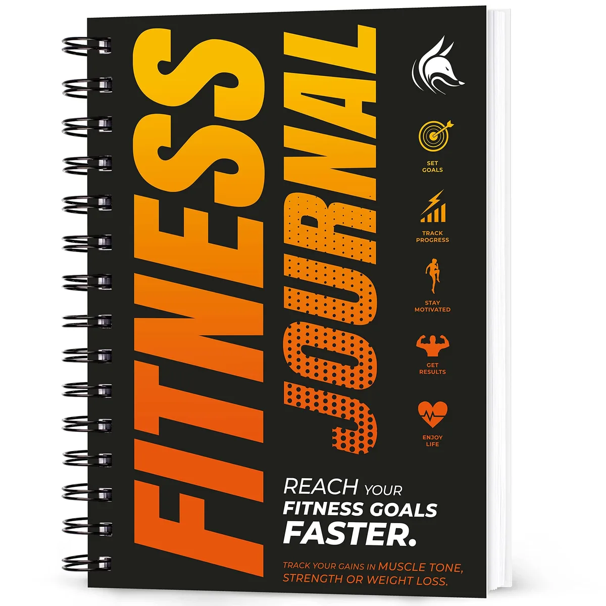 Orange A5 spiral-bound fitness journal with laminated cover