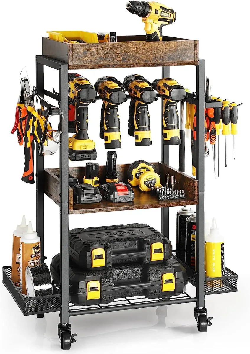Brown rolling tool storage cart with shelves, drill rack, hooks, baskets and wheels