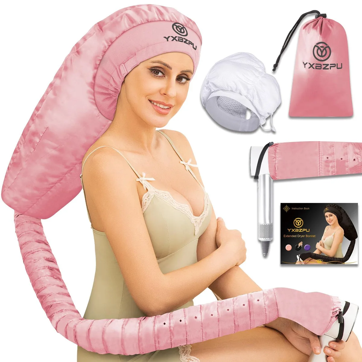 Pink hooded diffuser bonnet with elastic headband and heat protection band, 28.34 inch hood