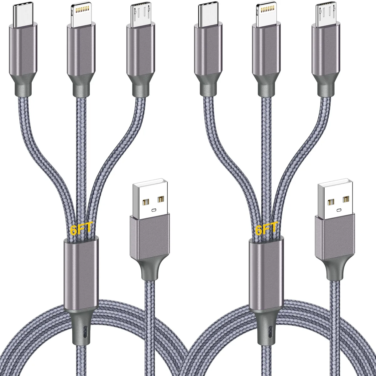 Two grey braided 6ft cables each with USB-C, Micro-USB and Lightning connectors