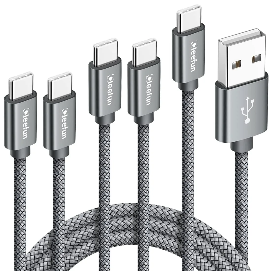 Five grey nylon braided USB A to USB C cables in mixed lengths