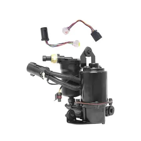 Silver cylindrical air suspension compressor with electrical connector and mounting bracket