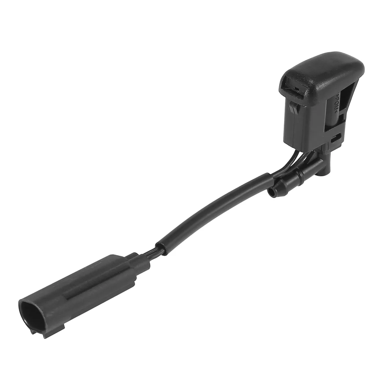 Black plastic windshield washer nozzle, rectangular with a single spray hole, shown on a plain background