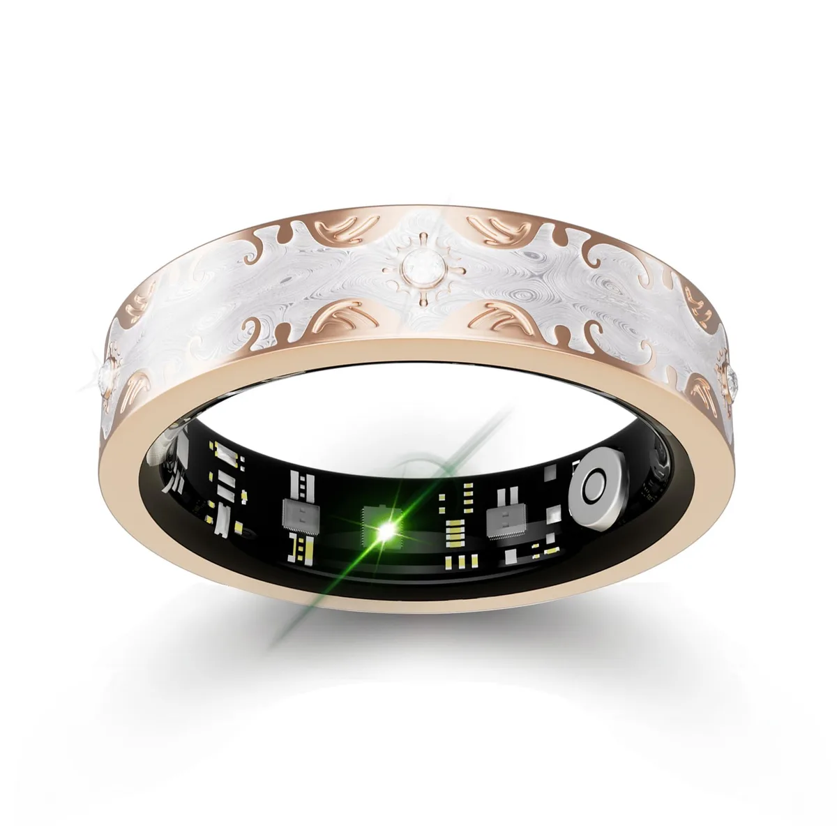 Black smart ring with smooth metallic finish and compact circular form