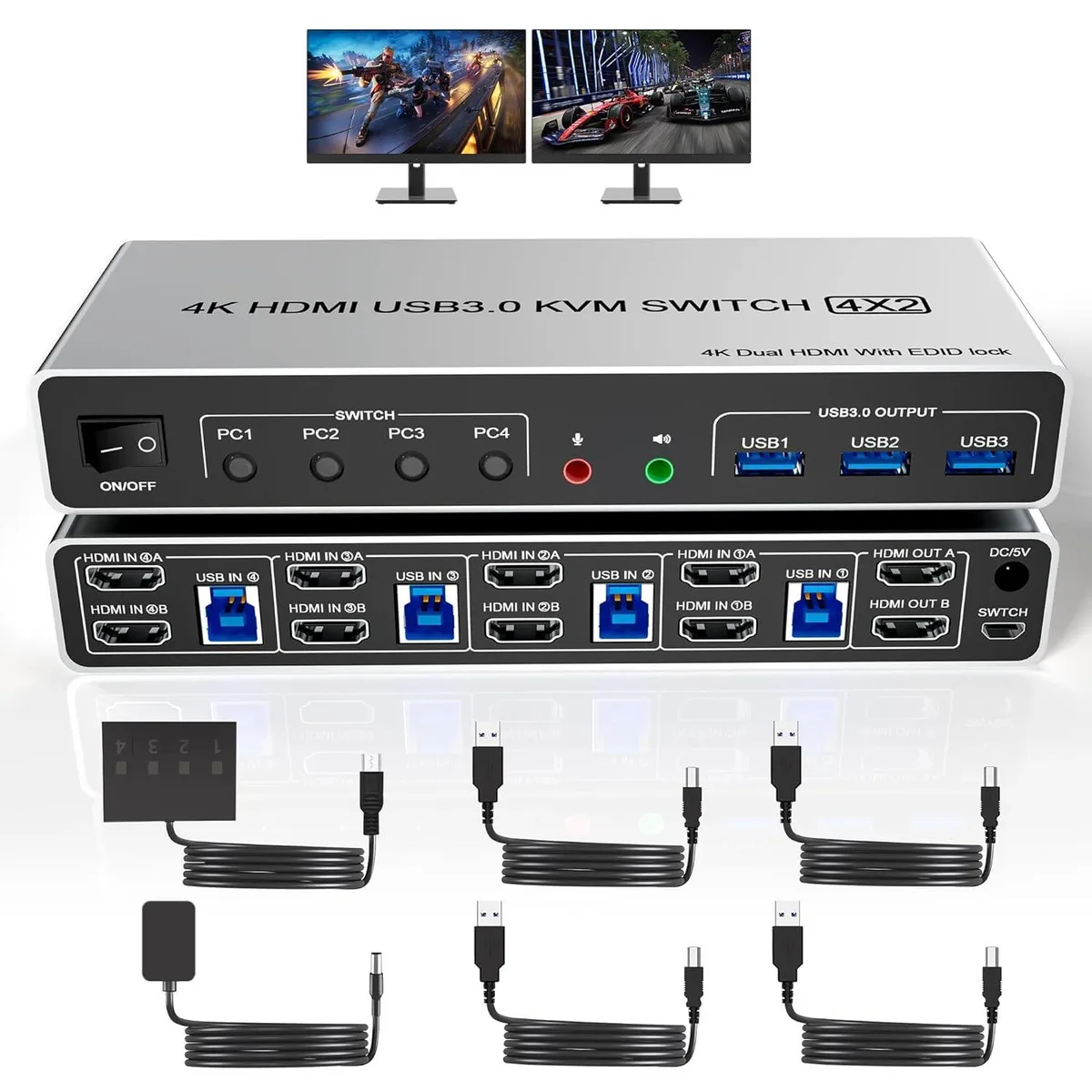 WRIARICH WRIARICH USB 3.0 HDMI KVM Switch 4 Computers 2 Monitors 4K@60Hz — product photo