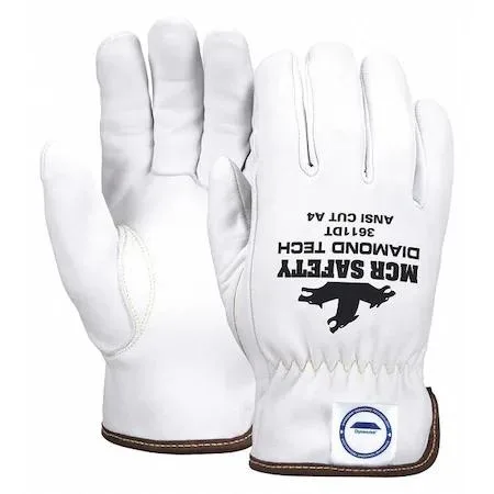Pair of medium cut-resistant leather gloves with shirred cuffs and keystone thumbs