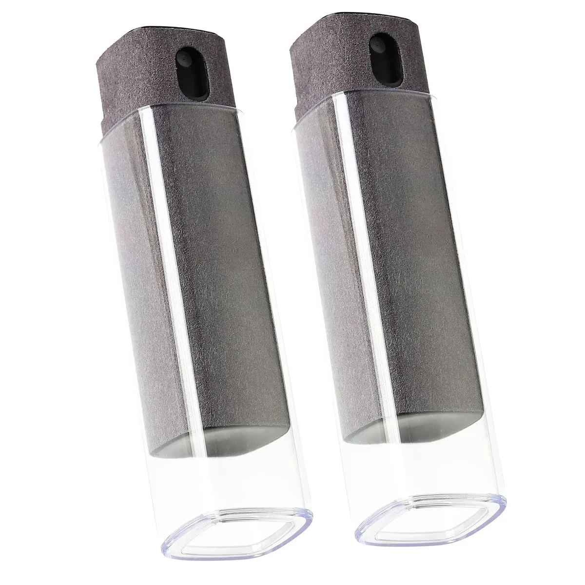 Two grey spray bottles with microfiber cloths