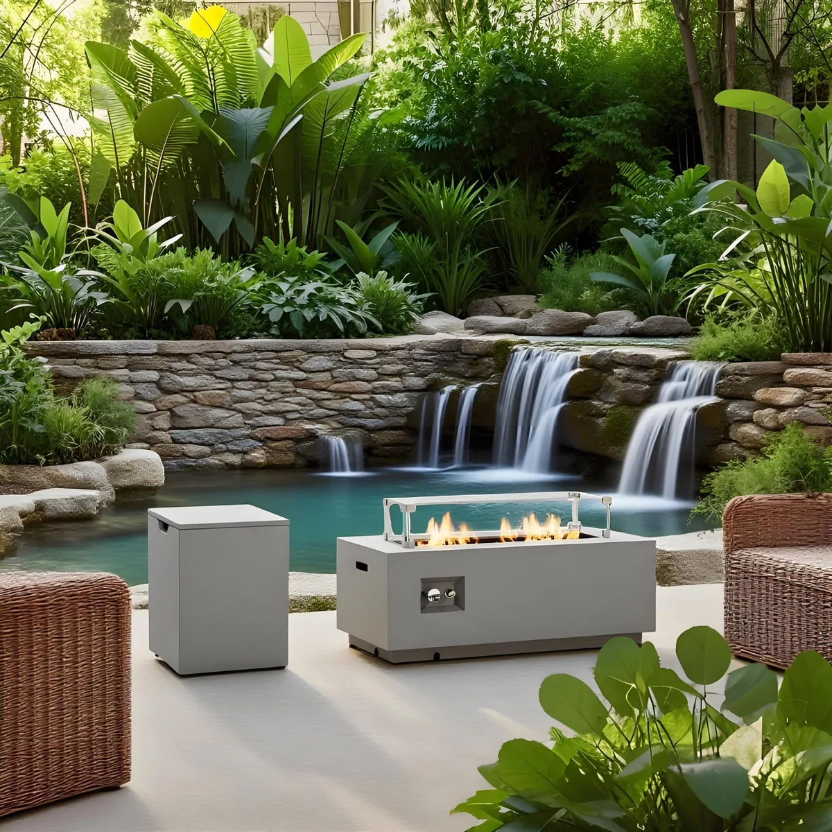 Rectangular gray steel fire pit table with glass wind guard
