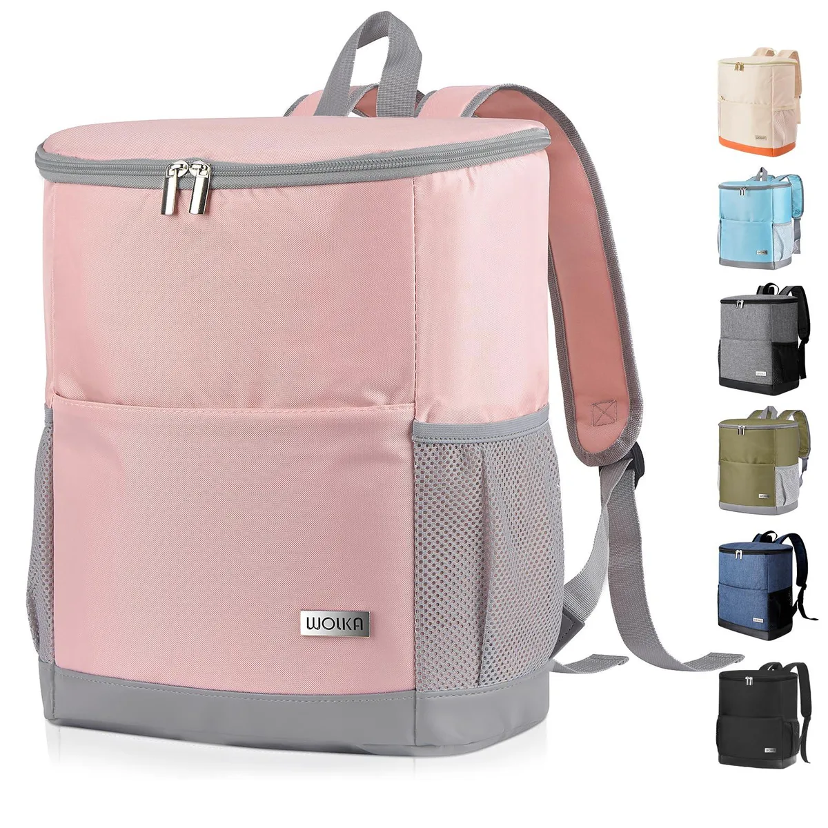 Light pink insulated cooler backpack with padded straps and multiple pockets