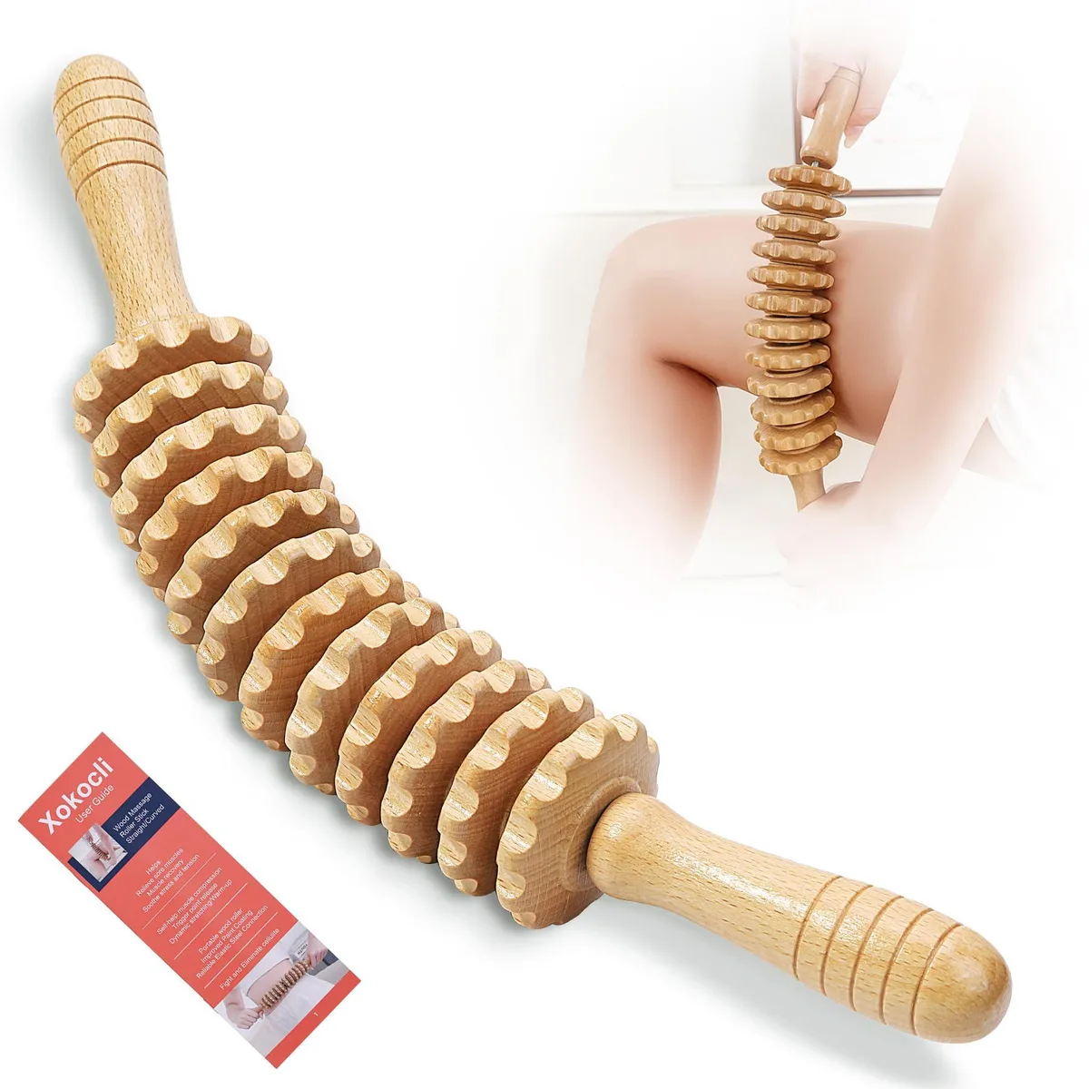Curved wooden massage roller with twelve wheels in a nude finish