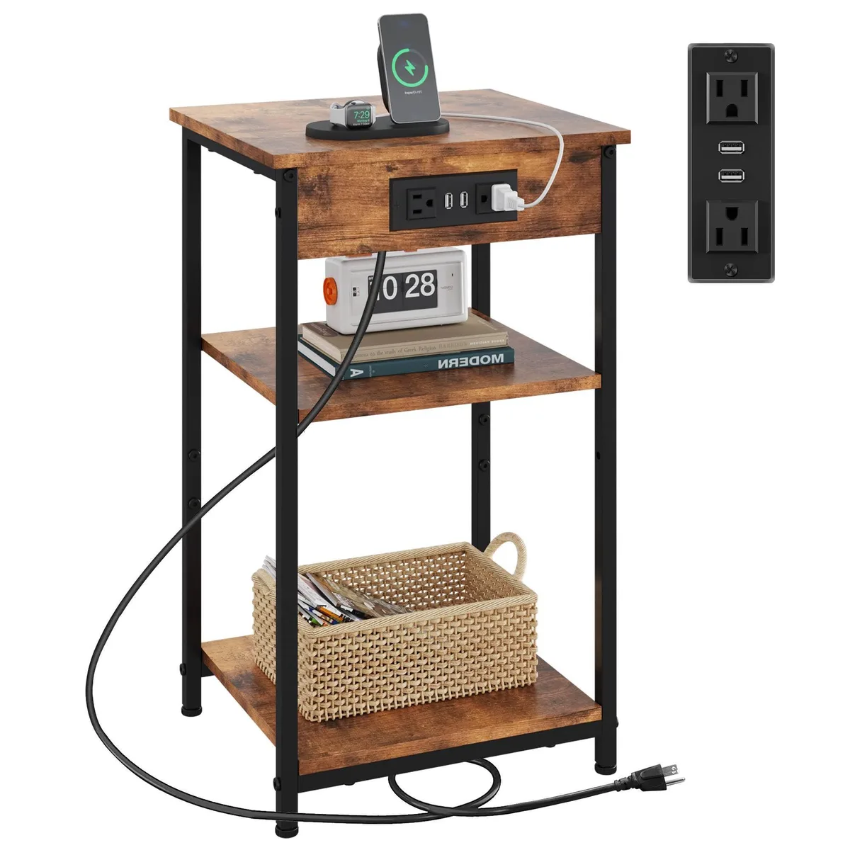 Compact rustic brown end table with metal frame, three shelves and built-in charging station