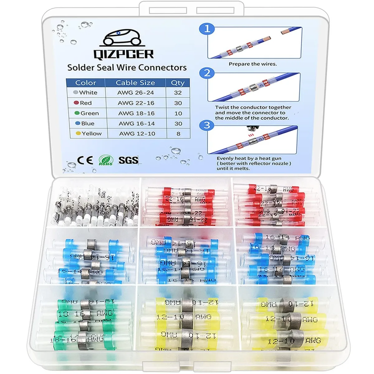  QIZPCER 110 Pcs Heat Shrink Solder Seal Wire Cap Connectors — product photo