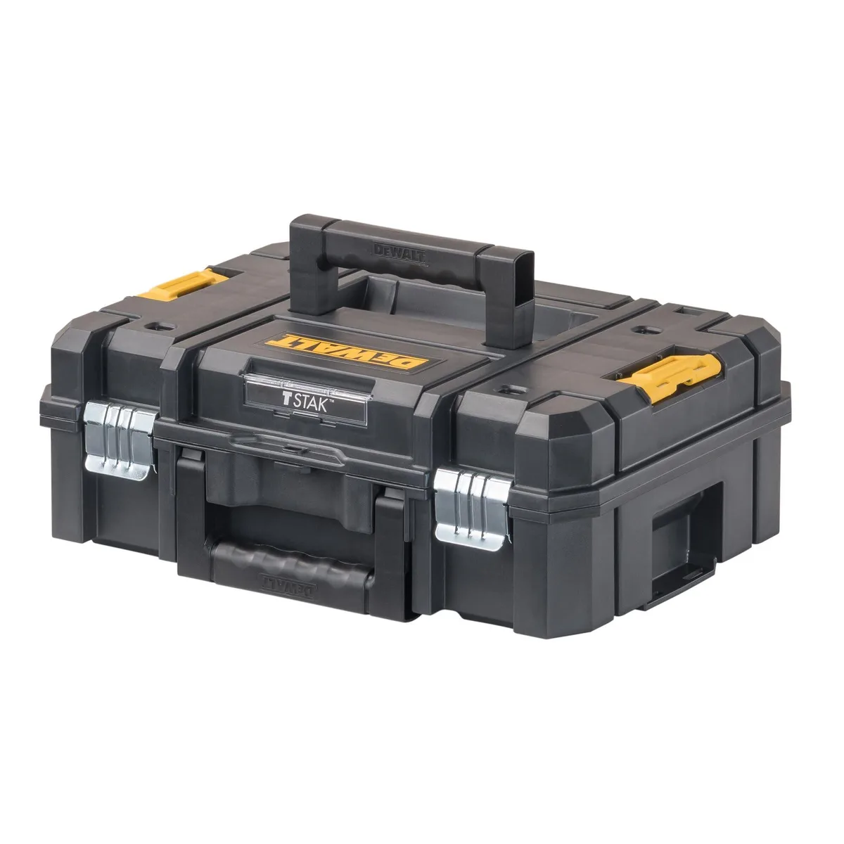 Black 13 inch DeWalt TSTAK II flat top tool box with side latches and bi-material handle