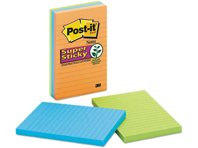 Three pads of yellow lined sticky notes in cardboard packaging