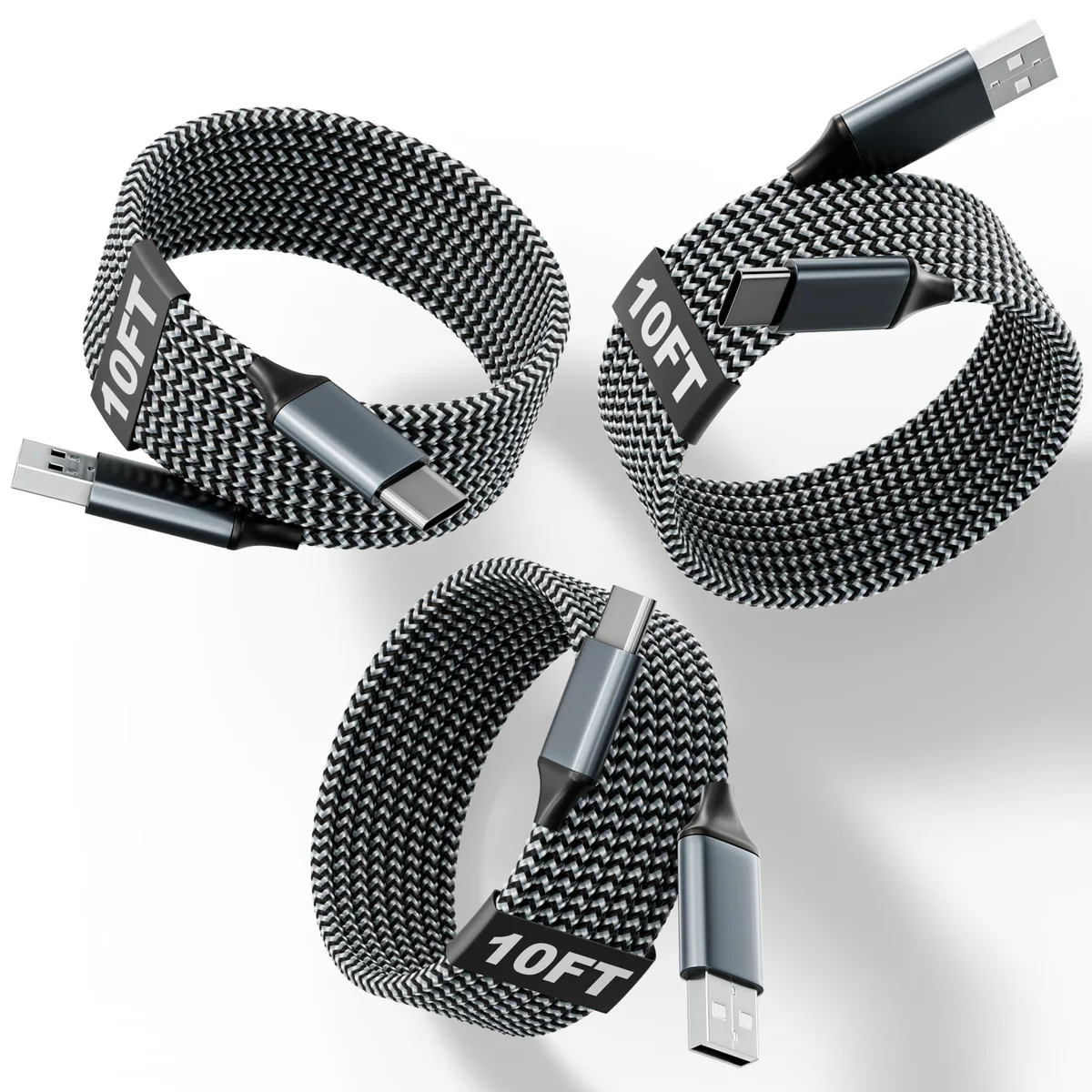 Three 10ft braided USB A to USB C cables in a pack